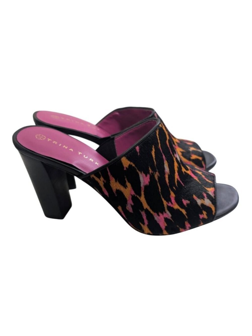 Trina Turk Leopard Luxe Calf Hair Block Heel Mule Sandals Neon Pink Orange Sz 8
